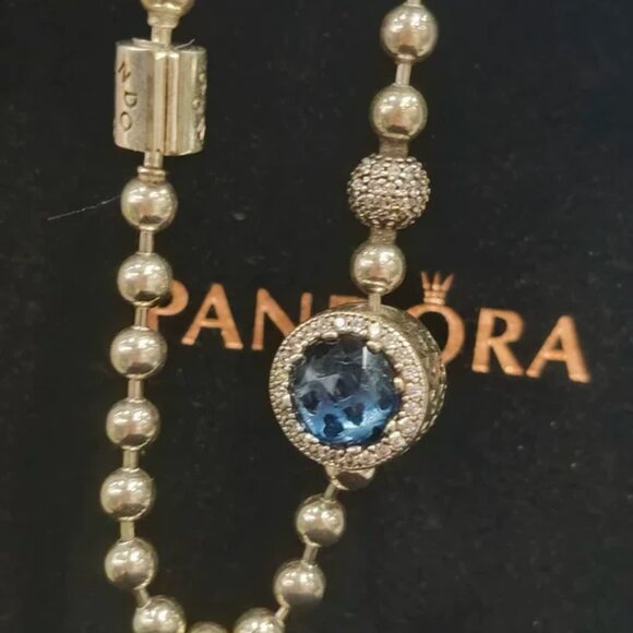 Pandora Beaded Silver Bracelet with Blue Sparkling Charm - Picture 2 of 5
